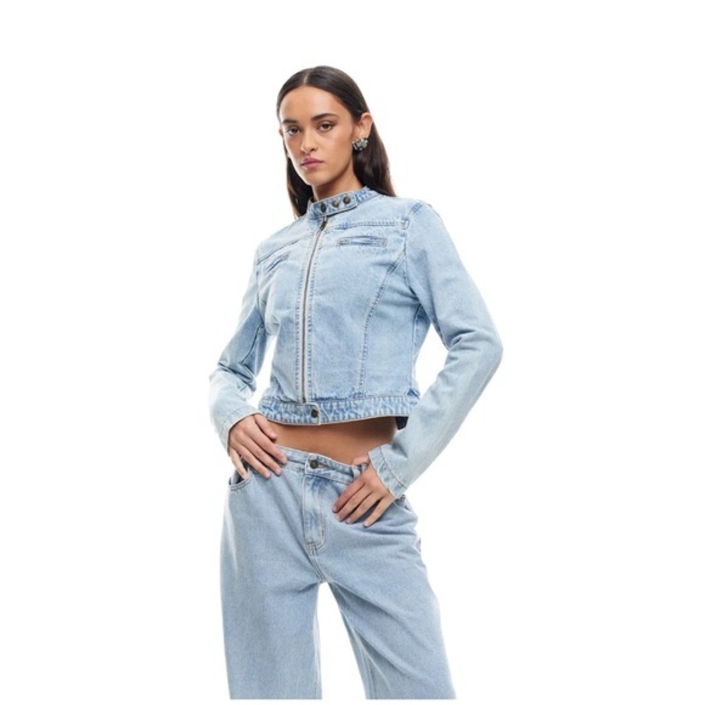 Lioness (XL) Denim Moto Jacket- Cropped Length, Light Wash- Edgy, Y2K Vibes